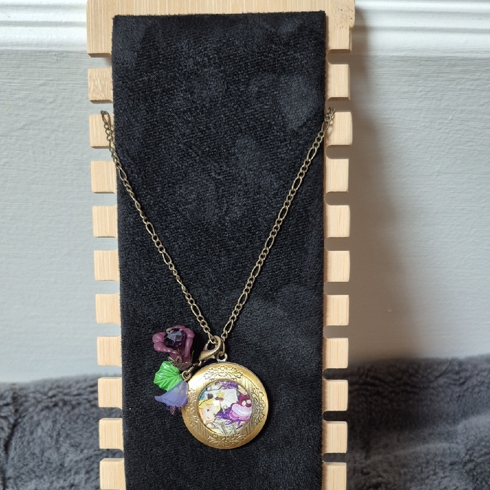 Alice & Cheshire Cat Vintage Handmade Locket With Detachable Floral Charm!